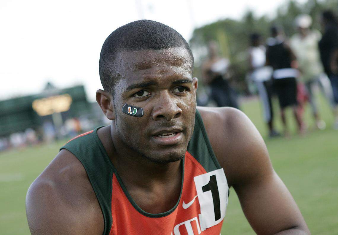 04/012/2008---ANDREW ULOZA / FOR THE MIAMI HERALD Tim Harris, one of the best University of Miami track and field athletes, relaxes after he von The Miami Elite Invitational men 1500 meter run with new UM’s record (3:53).