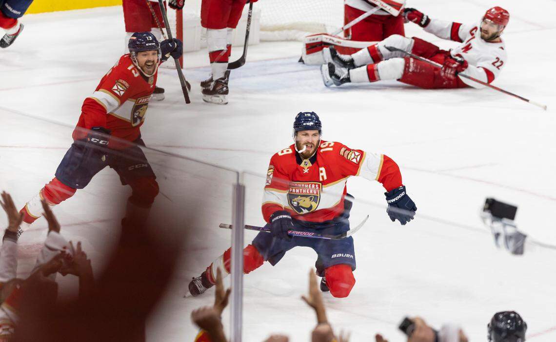 Florida Panthers left wing Matthew Tkachuk (19) celebrates after scoring a goal against the Carolina Hurricanes in the third period of Game 4 of the NHL Stanley Cup Eastern Conference finals series at the FLA Live Arena on Wednesday, May 24, 2023 in Sunrise, Fla.