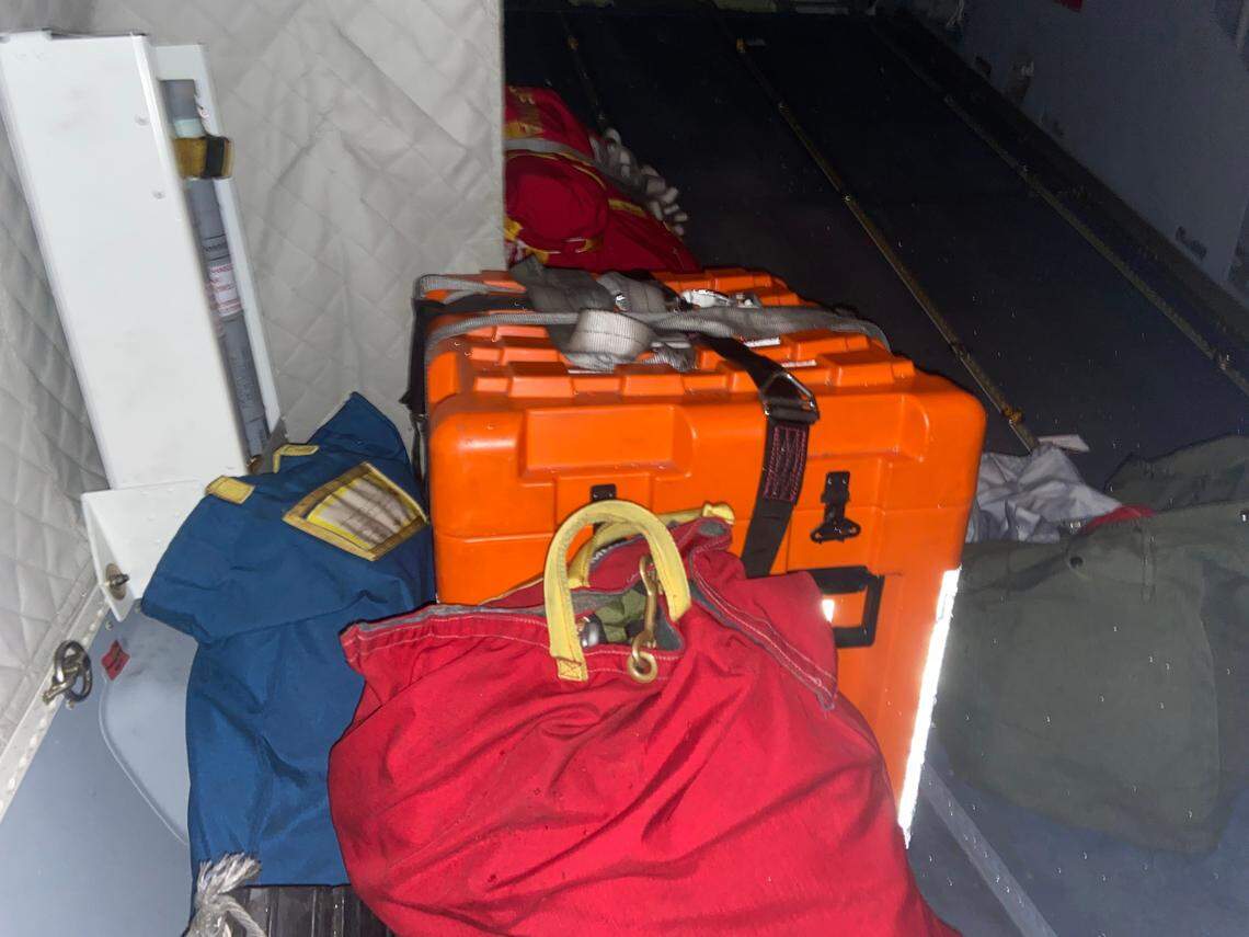 Supplies meant for stranded mariners and migrants are set in the back of a U.S. Coast Guard C-144 Ocean Sentry plane Saturday, Jan. 14, 2023.