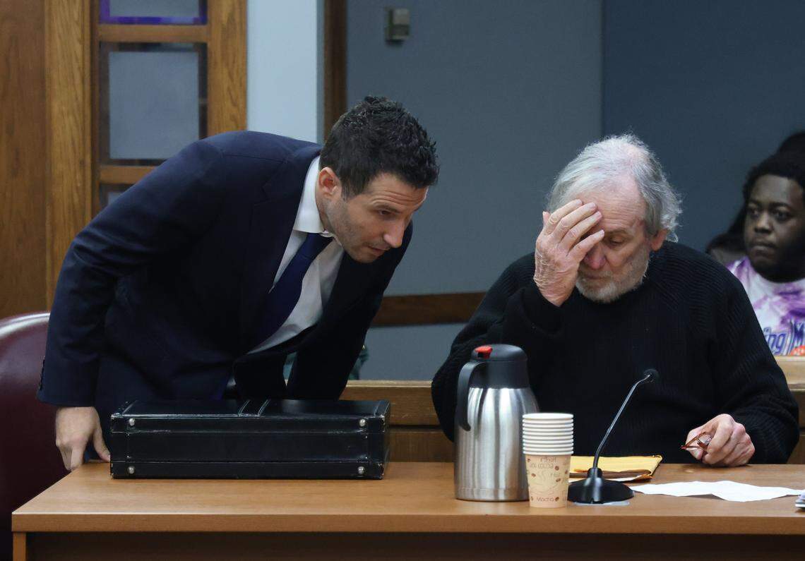 Robert Koehler, right, who is standing trial accused of being the "Pillowcase Rapist," a serial rapist linked to a 1984 cold case and connected to dozens of other sexual assaults, talks with his attorney Alex Klayman, right, as he sits next to him in Courtroom 7-3 on Tuesday, October 28, 2025, at the Richard E. Gerstein Justice Building in Miami, Florida.