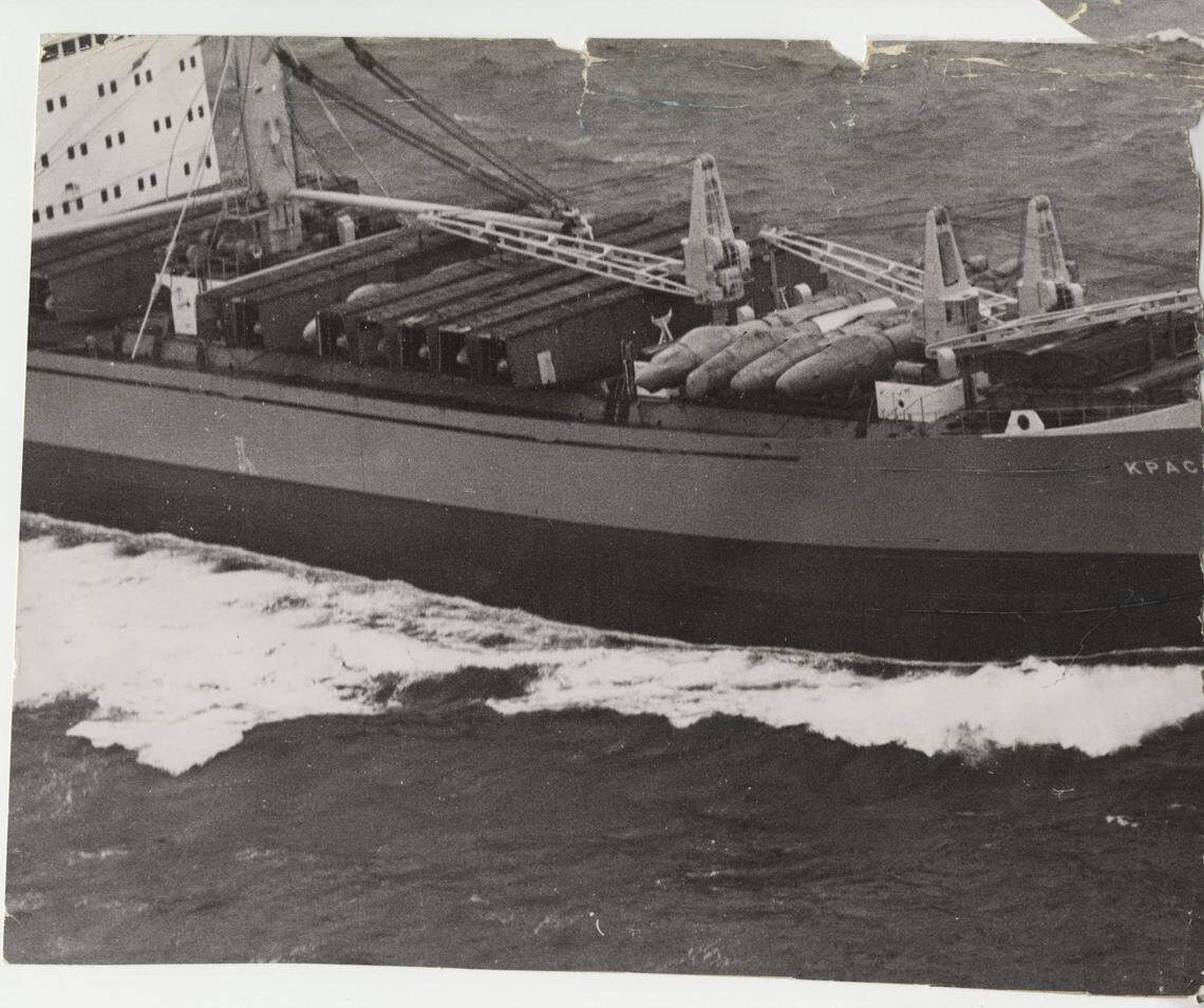 12/6/1962: Fuselages of IL28 jet bombers lined up on Soviet vessel Krasnograd. In the wake of the Cuban missile crisis the Soviet Union removed the planes from Cuba. This photo was published in The Miami Herald December 7, 1962.