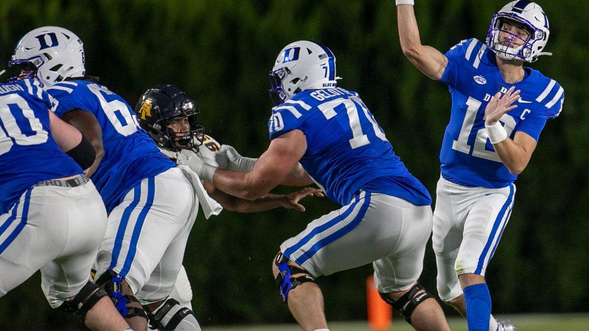 Duke quarterback Gunnar Holmberg (12) gets protection from his line as he looks for an open receiver in the second quarter against North Carolina A&T on Friday, September 10, 2021 at Wallace Wade Stadium in Durham, N.C. Holmberg threw for 270 yards in the Blue Devils’ 45-17 victory.