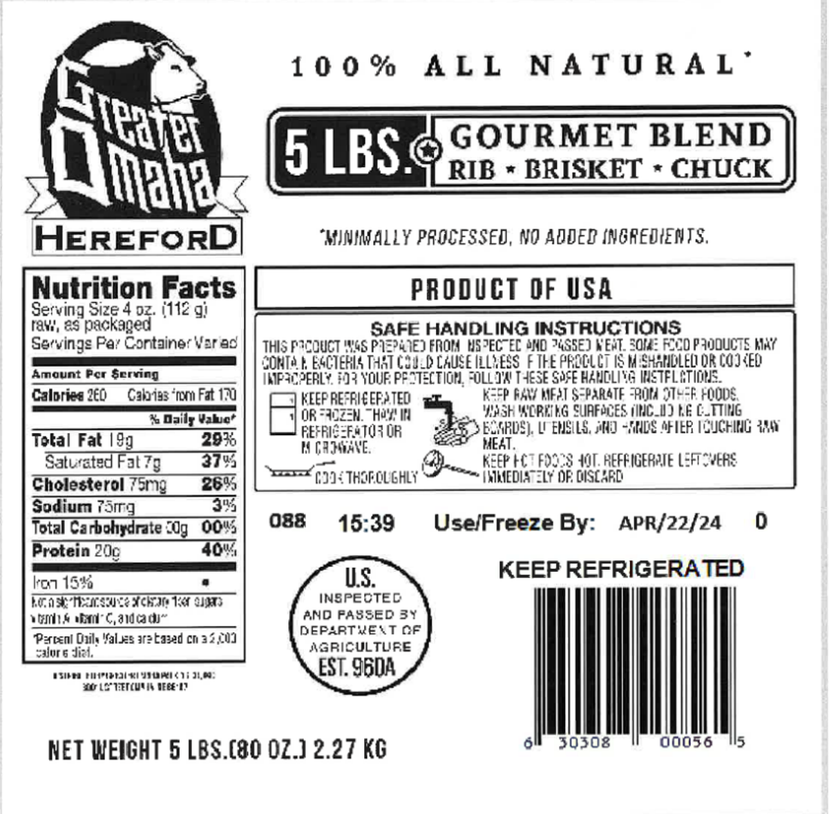 The label for Greater Omaha Hereford Gourmet Blend Rib Brisket Chuck in the public health alert.