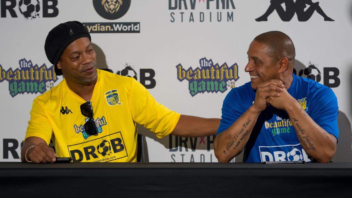 Brazilian legends Ronaldinho (left) and Roberto Carlos (right) lead a star-studded lineup for the “Beautiful Game” celebrity match at DRV PNK Stadium on June 18, 2022.
