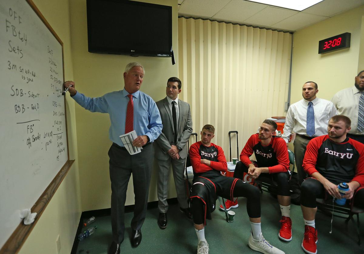 Barry University Buccaneers head coach Butch Estes gives instructions to his team before the start of an NCAA college basketball exhibition game against the Miami Hurricanes at the Watsco Center in Coral Gables on Tuesday, Oct. 30, 2018.