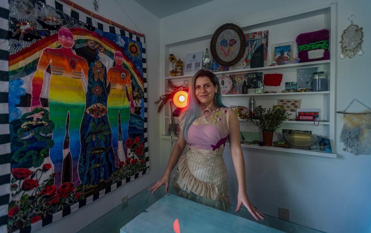 Fashion designer and fiber artist Pangea Kali Virga in an apartment that she converted into a studio. The artist searched for studio space after Fountainhead Studios closed. 
