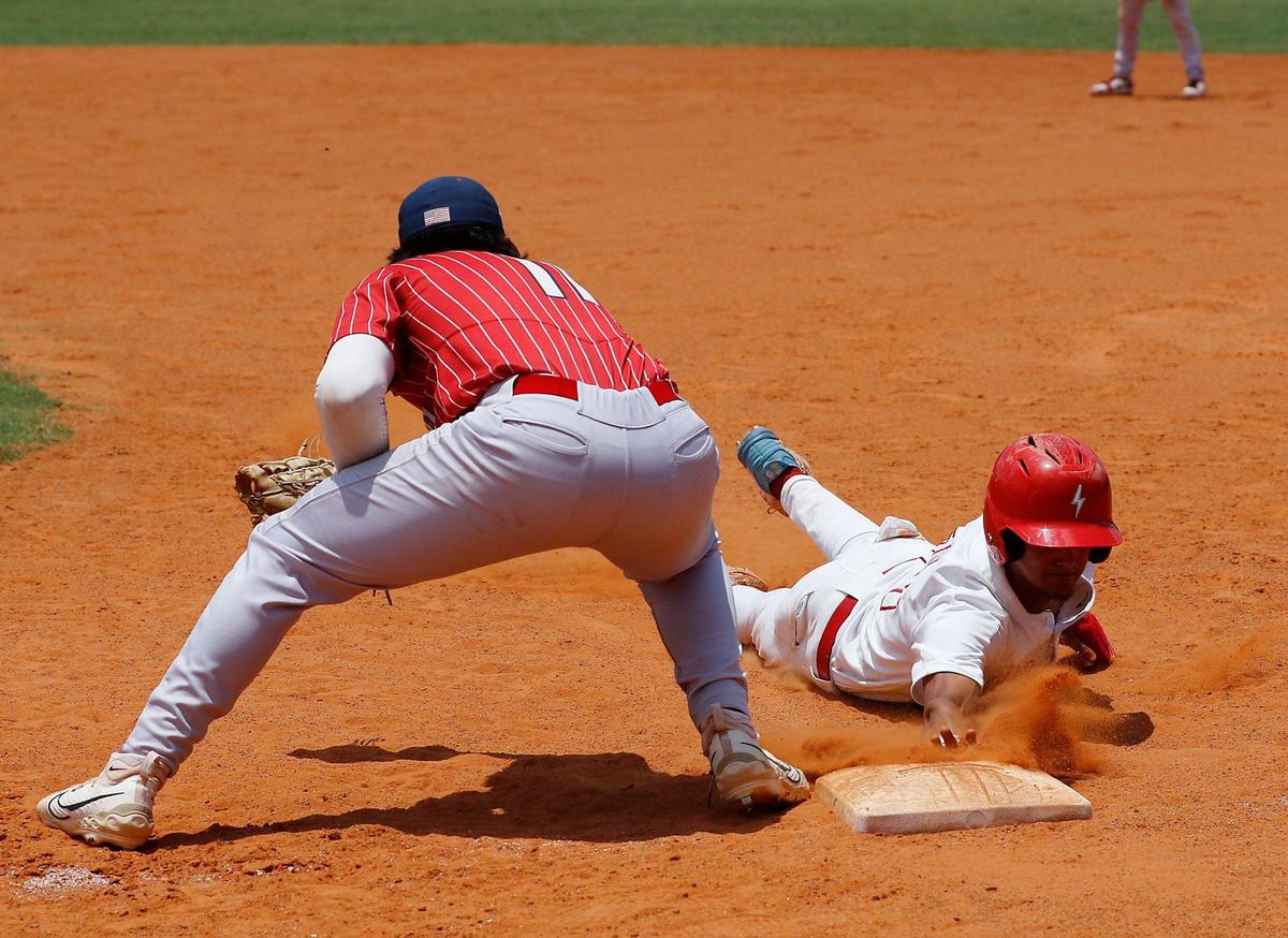 Westminster Academy first baseman J.C Hernandez attempts to tag out Miami Christian player during regional semifinal baseball game on Saturday, May 11, 2024 at Miami Christian HS in Miami. Andrew Uloza / for Miami Herald