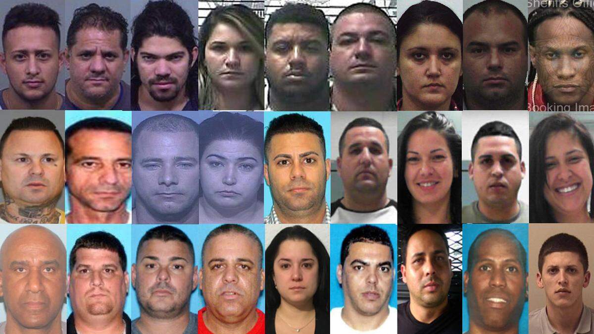 Mugshots of people arrested for being associated with rings of stolen credit-card numbers, most from Florida: Yaiser Herrera Gargallo, Juan Carlos Febles, José Castillo Febles, Taise Braganca, Claudio Fontes Ferreira, Rodrigo Ferrareze, Yadina Valsés, Leonardo Hernández, Alain Ceballos- Rodríguez,  Carlos Rodríguez, Alejandro Moisés, Reinier Pérez-Rives, Eunises Llorca-Meneses, Alejandro Arias-Pérez, Naudi Reyes, Meylan Montalvo, Yosan Pans, Yari Fuentes, Juan Carlos Banos, Lester Canañeda, Ranser Rodríguez, Edelberto Hernández, Yaniris Alfonso, José Iglesias, Yadián Hernández, Eddy Pimentel-Vila, and Luis Jiménez-González.