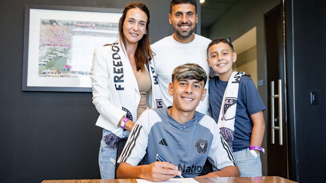 Santiago Morales, the 16-year-old son of former MLS star Javier Morales, signed a pro contract with Inter Miami after spending the past few years with the club’s youth academy. He is shown here with father, Javier, mother Noelia Benitez, and brother Mateo.