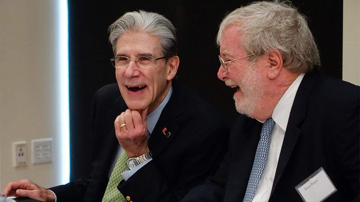 University of Miami president Julio Frenk, left, with professor Bruce Bagley at a climate change conference in 2016.