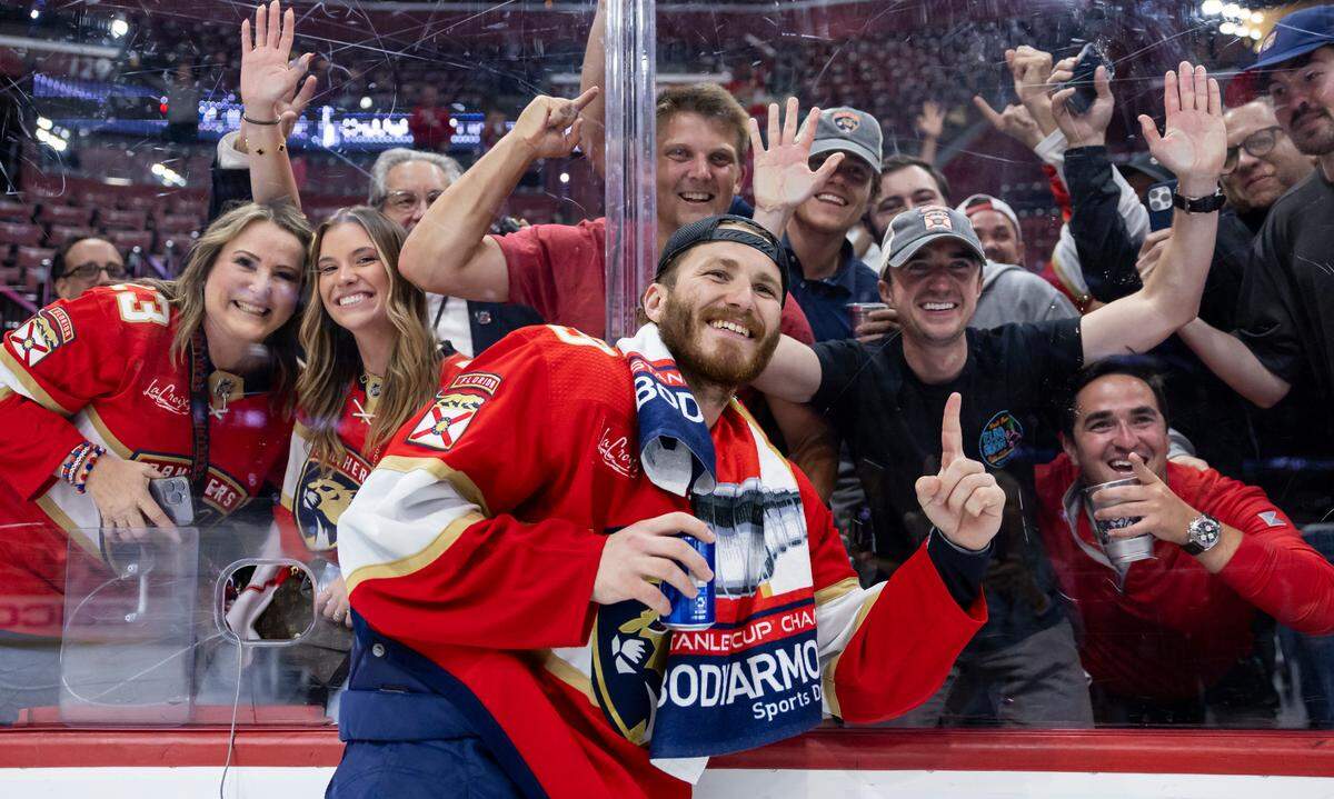 Florida Panthers left wing Matthew Tkachuk (19) celebrates with fans after defeating the Edmonton Oilers in Game 7 of the Stanley Cup Final at Amerant Bank Arena on Monday, June 24, 2024, in Sunrise, Fla.
