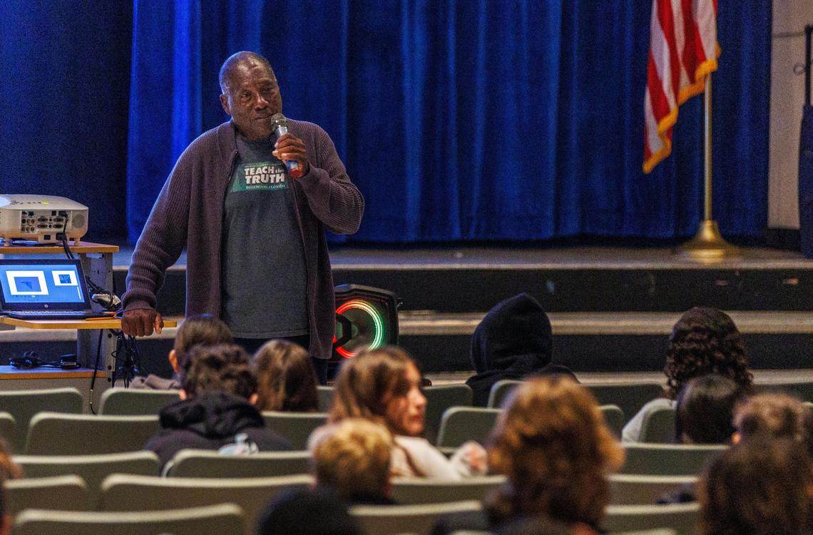 Marvin Dunn, a renowned Black history author, FIU Emeritus Professor and leader of the Center for Racial Justice, speaks during his presentation on The Civil Rights Movement in Florida to U.S. history students and seventh grade civics students at the Palmetto Middle School, in Pinecrest, on Thursday February 01, 2024.