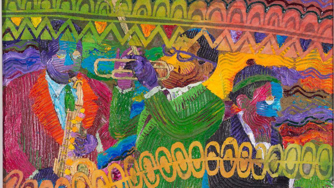 “Cuttin’ Edge Musicians (characters in the painting: Dizzy Gillespie, Charlie Parker, Max Roach, Charles Mingus and Bud Powell)” 1978 painting by Wadsworth Jarrell. Courtesy of Eric and Cheryl McKissack. From “AfriCobra,” on display through March 24, 2019, at MOCA-North Miami.