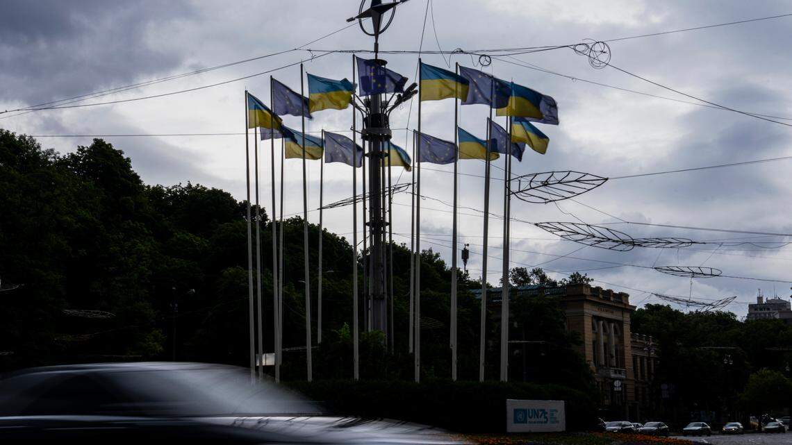 Ukrainian and EU flags displayed in Kyiv, Ukraine. The Russian invasion of Ukraine has remained the center of international attention and changed public opinions of America, NATO, and Russia.