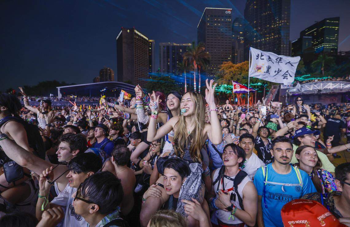 Ultra attendees react during the performance by Illenium at the Main Stage at Ultra Music Festival in Miami, Florida, on Friday, March 27, 2026.
