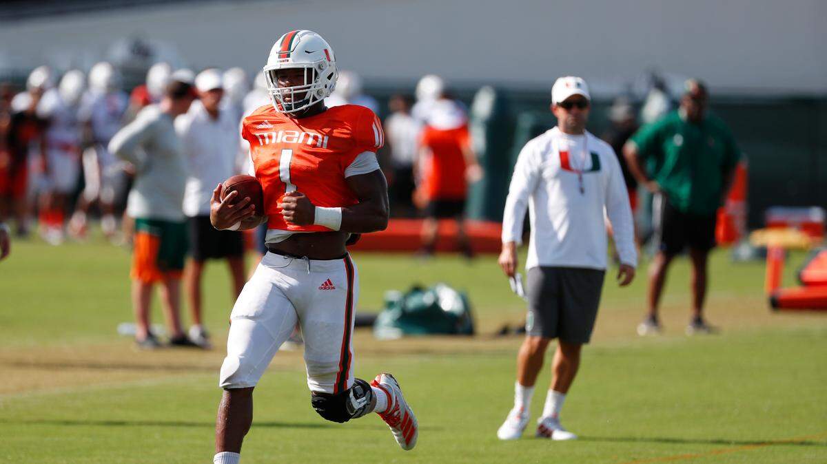 Miami running back Lorenzo Lingard runs a drill during an NCAA college football practice at the University of Miami Greentree Practice Field, Tuesday, Aug. 6, 2019, in Coral Gables, Fla.