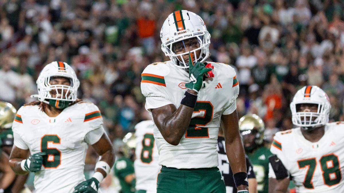 Miami Hurricanes wide receiver Isaiah Horton (2) reacts after scoring a touchdown against the South Florida Bulls in the first half of their NCAA college football game at the Raymond James Stadium on Saturday, Sept. 21, 2024, in Tampa, Fla.