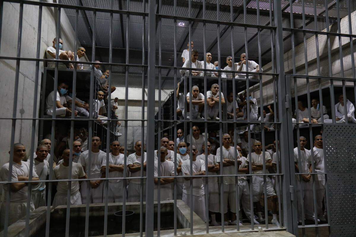 Inmates are visible in their cells at CECOT in Tecoluca, San Vicente, El Salvador, on February 6, 2024.