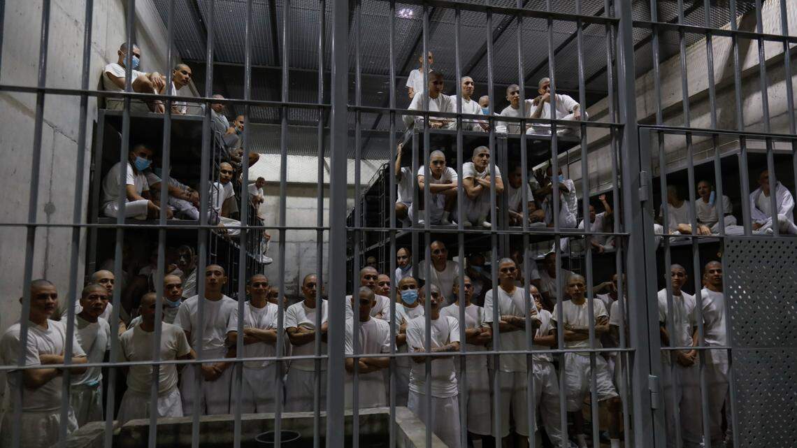 SAN VICENTE, EL SALVADOR - FEBRUARY 6: Inmates are seen in cells at CECOT in Tecoluca on February 6, 2024 in San Vicente, El Salvador. On February of 2023 El Salvador inaugurated Latin America’s largest prison as part of President Nayib Bukele’s plan to fight gangs. Since then, the UN and NGOs have raised concern about the treatment of inmates, minors being held and suspects incarcerated as gang members without sufficient proof. Meanwhile, Bukele claims El Salvador’s murder rate has fallen from the world’s highest to the lowest in the Western Hemisphere.