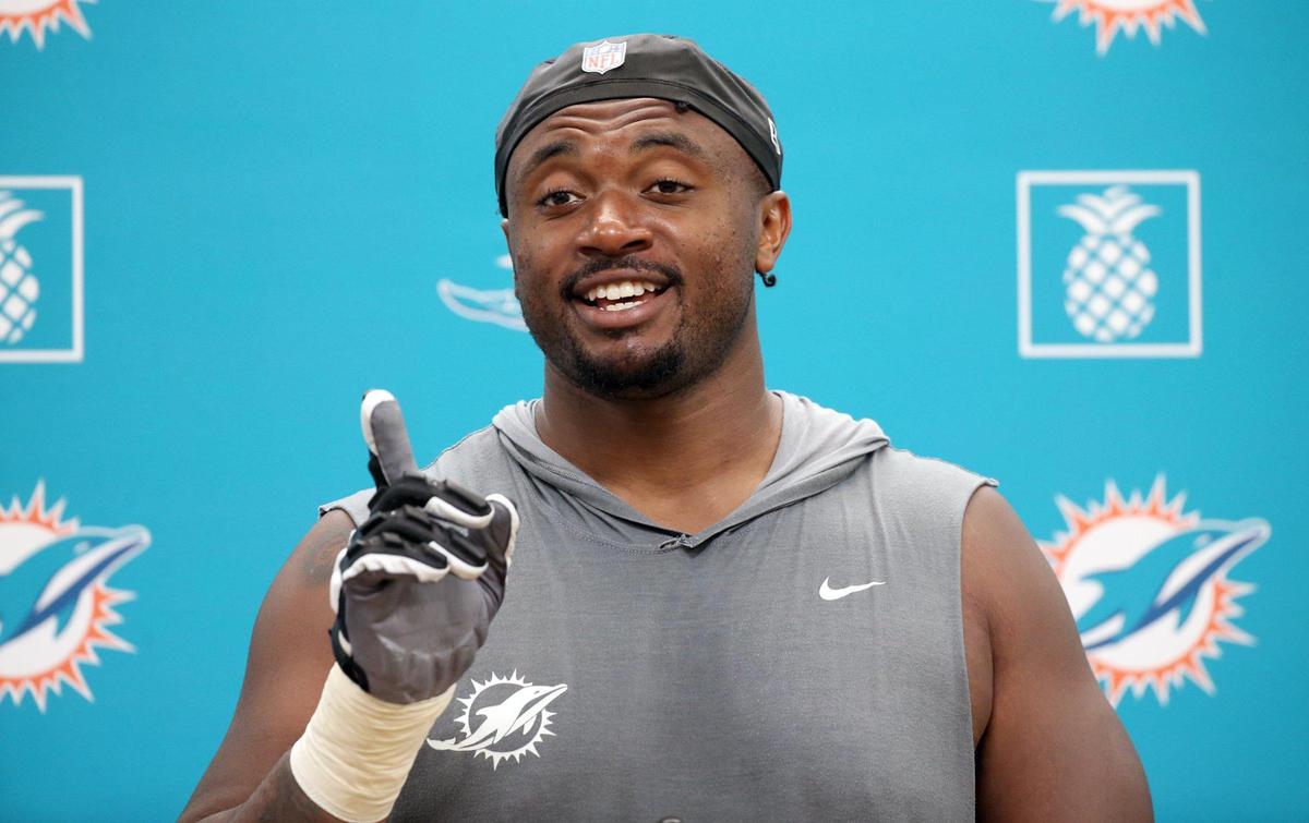 Miami Dolphins offensive lineman Austin Jackson (73) speaks to the media after practice at Baptist Health Training Complex in Miami Gardens on Friday, July 29, 2022.