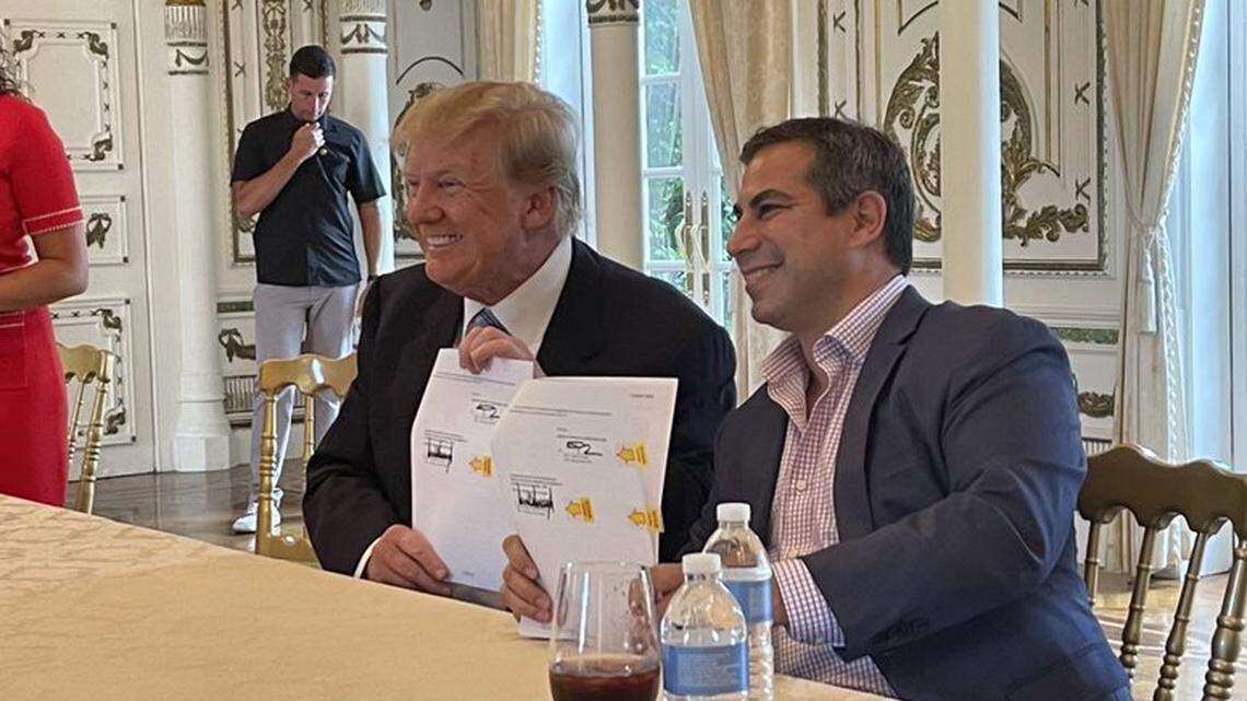 Former President Donald Trump and Miami financier Patrick Orlando celebrate their companies’ merger to create Truth Social at Mar-a-Lago.