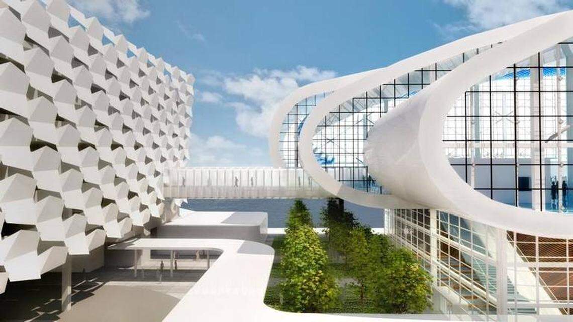 Exterior rendering, including a 1,000-space parking garage, of Norwegian Cruise Line Holdings’ new terminal at PortMiami