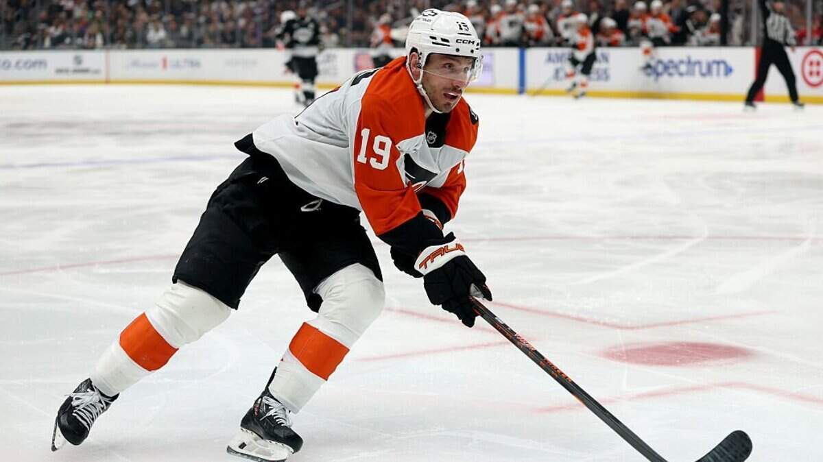 LOS ANGELES, CALIFORNIA - MARCH 19: Garnet Hathaway #19 of the Philadelphia Flyers skates for a pass during the game between the Philadelphia Flyers and the Los Angeles Kings at Crypto.com Arena on March 19, 2026 in Los Angeles, California. (Photo by Harry How/Getty Images)