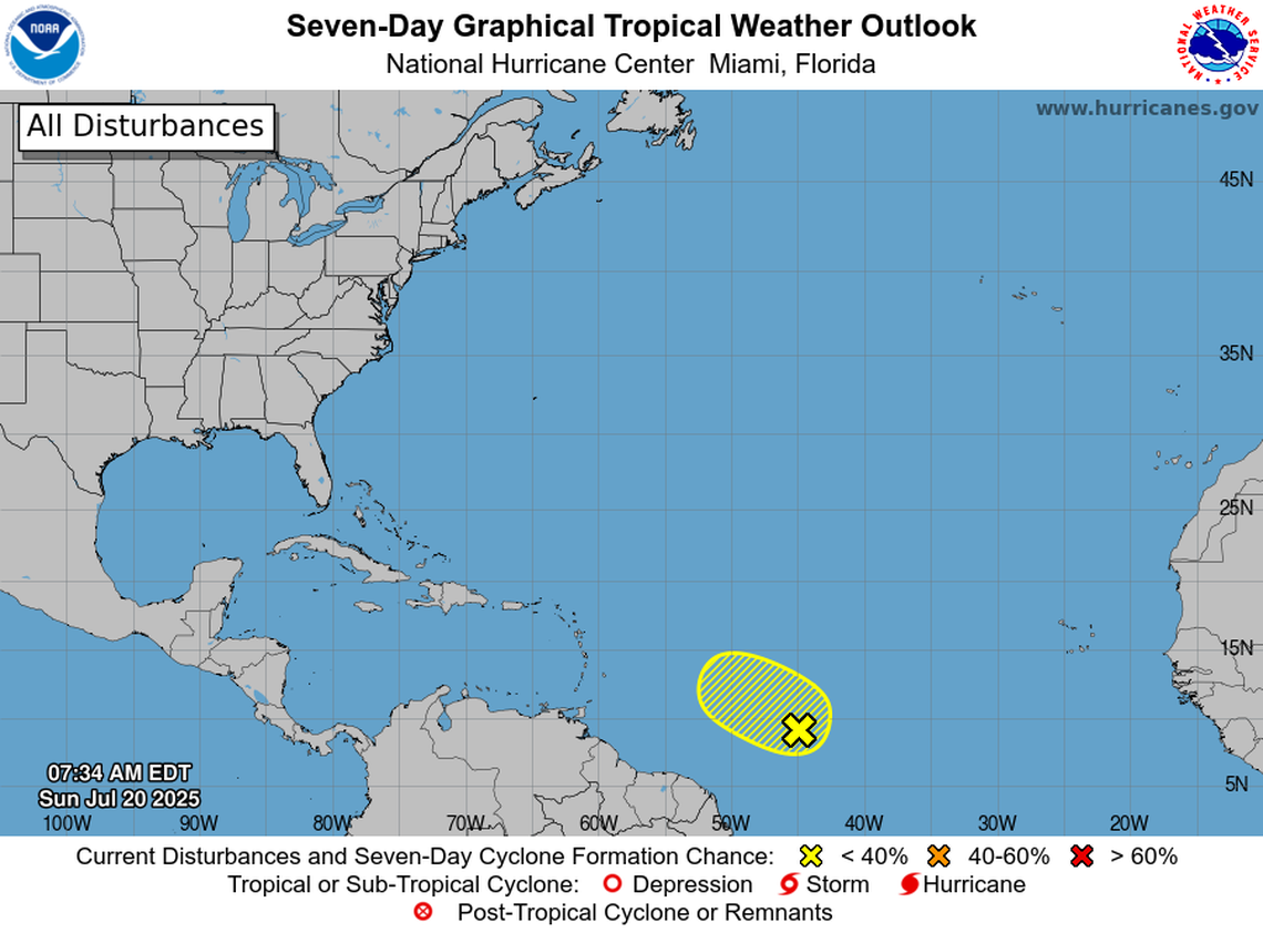 The disturbance in the Atlantic Ocean as of 7:34 a.m. on Sunday.