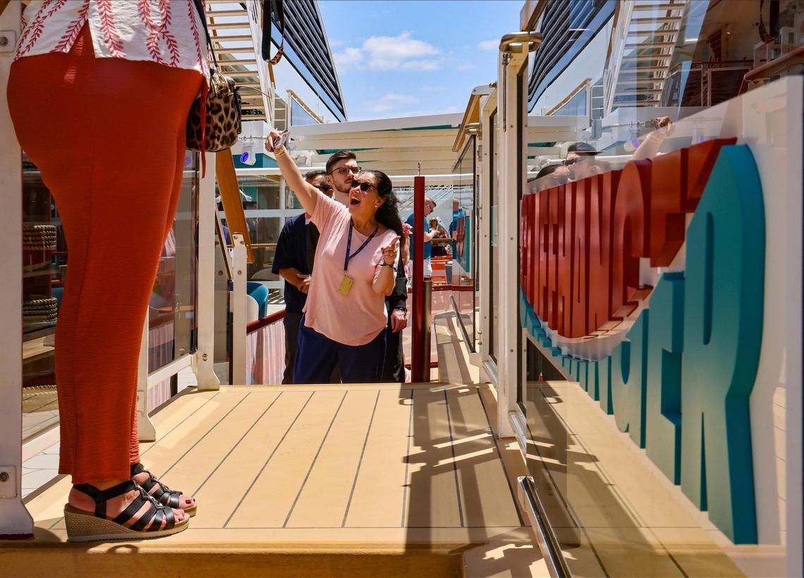A visitor takes a last-minute selfie before riding the Cliffhanger on the MSC cruise ship.