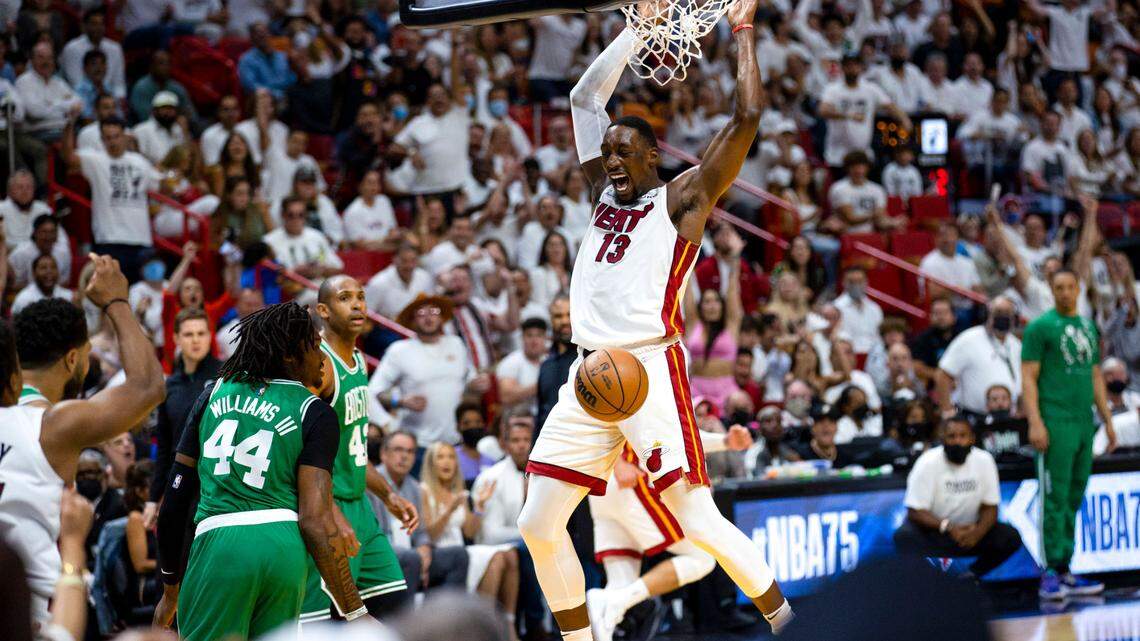 Miami Heat center Bam Adebayo (22) dunks the ball over Boston Celtics center Robert Williams III (44) during the first quarter of Game 7 of the NBA Eastern Conference Finals series at FTX Arena in Miami, Florida, on Sunday, May 29, 2022.