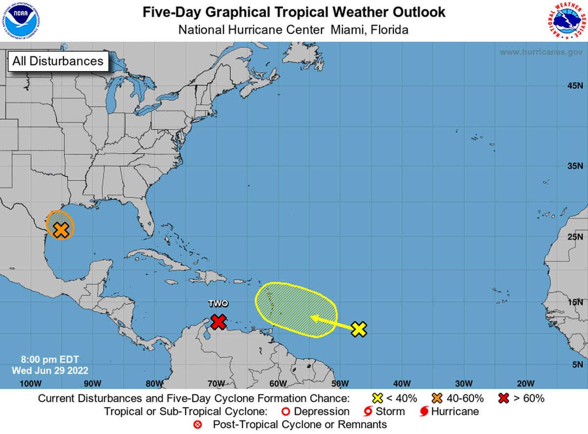 The two other disturbances in the Atlantic basin have low to medium chances of strengthening into a tropical depression by the end of the week.