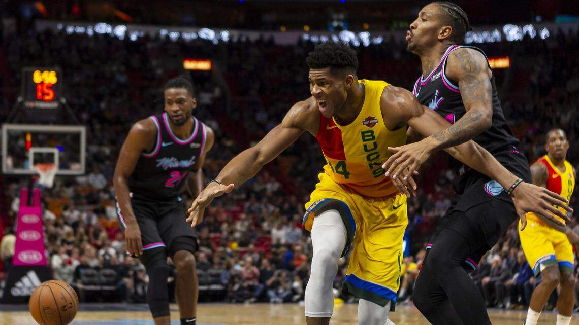 Milwaukee Bucks forward Giannis Antetokounmpo (34) reacts after losing possession of the ball in the first quarter of Saturday’s gane. The Heat did an excellent job defending Antetokounpo, who entered as the NBA’s sixth leading scorer.