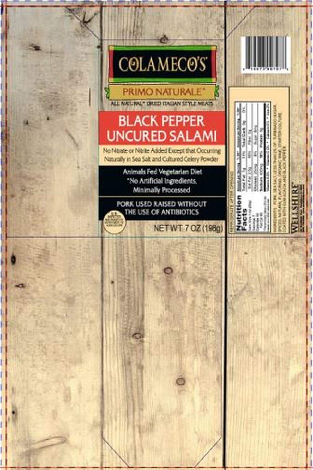 Colameco’s Primo Naturale Black Pepper Uncured Salami is one of two Colamedo’s products recalled.