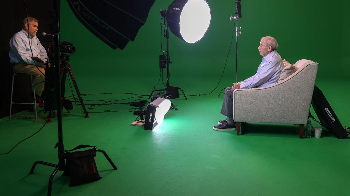 Michael Berenbaum, Holocaust scholar and adviser to the Boston Holocaust Museum, left, interviews Holocaust survivor David Schaecter on Tuesday, Jan. 24, 2023, for a holograph of Schaecter to be displayed at the future Boston Holocaust Museum and other museums across the country.