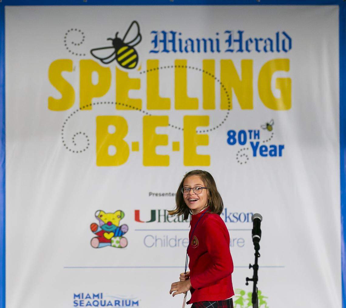 Stella Armstrong, 10, of Fisher Island Day School, reacts after correctly spelling the word epsilon and winning the final spelldown round of the 80th Annual Miami Herald Miami-Dade / Monroe Spelling Bee at the Miami Airport Convention Center on Tuesday, March 10, 2020.