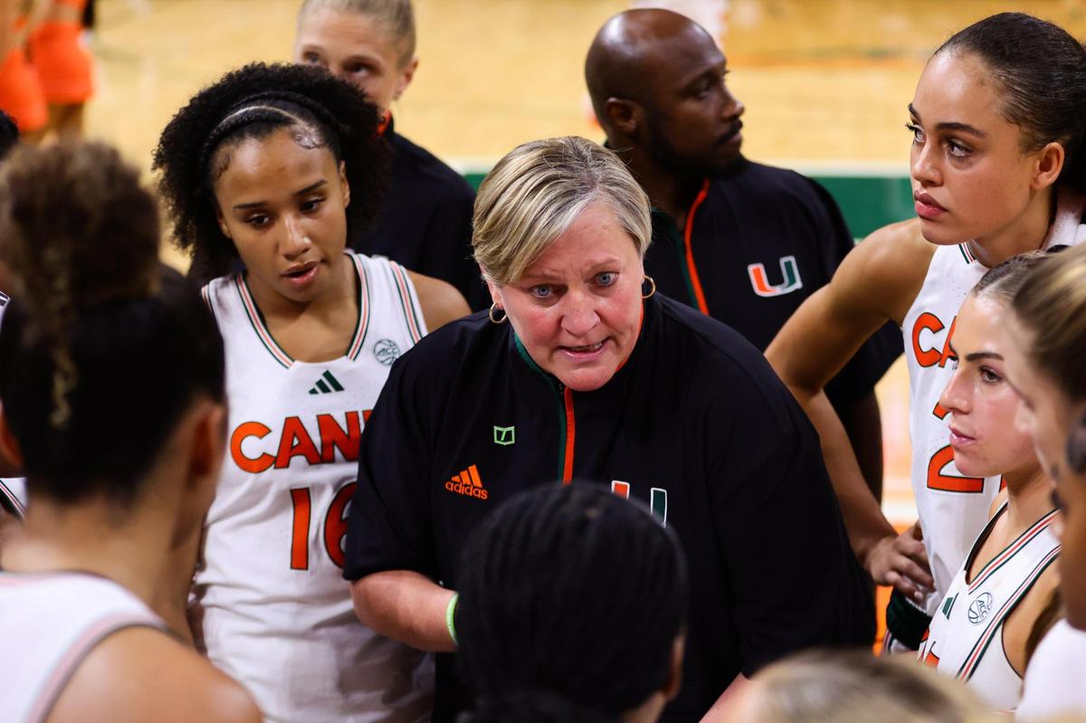 Miami Hurricanes head coach Tricia Cullop talks to her players after the game against the Stetson Hatters at the Watsco Center in Coral Gables, Florida, Monday, November 4, 2024.