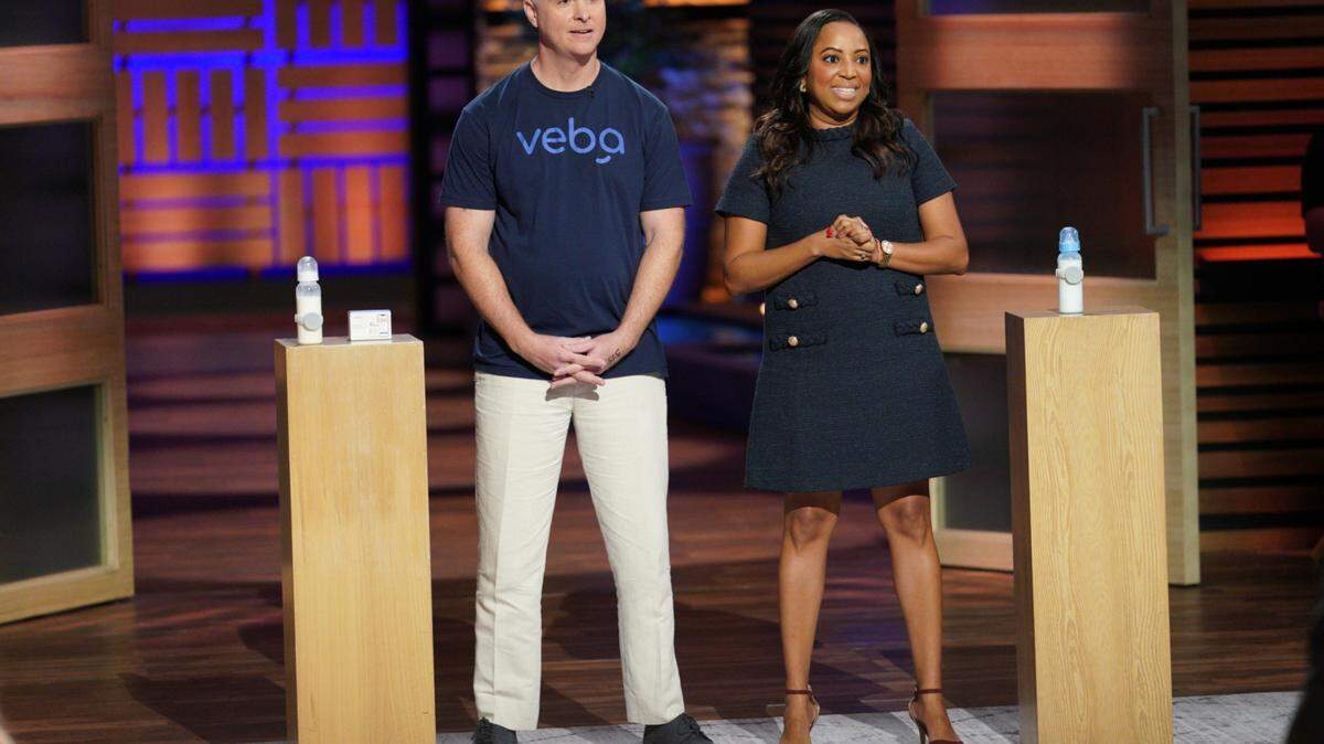 Veon and Sean Brewster pitching the Sharks on “Shark Tank.” Their business Veba Bay helps parents monitor the milk in their baby bottles. 