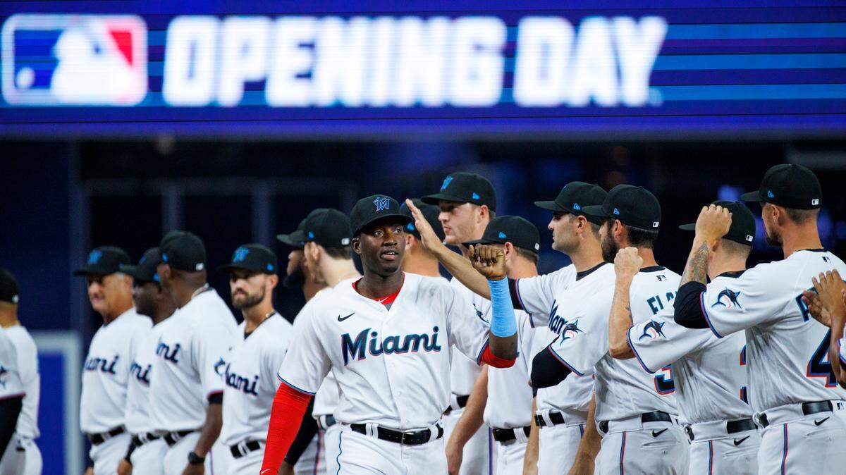 Miami Marlins center fielder Jesus Sanchez (7) is introduced before the team’s season home opener baseball game against the Philadelphia Phillies at LoanDepot Park on Thursday, April 14, 2022 in Miami, Florida.