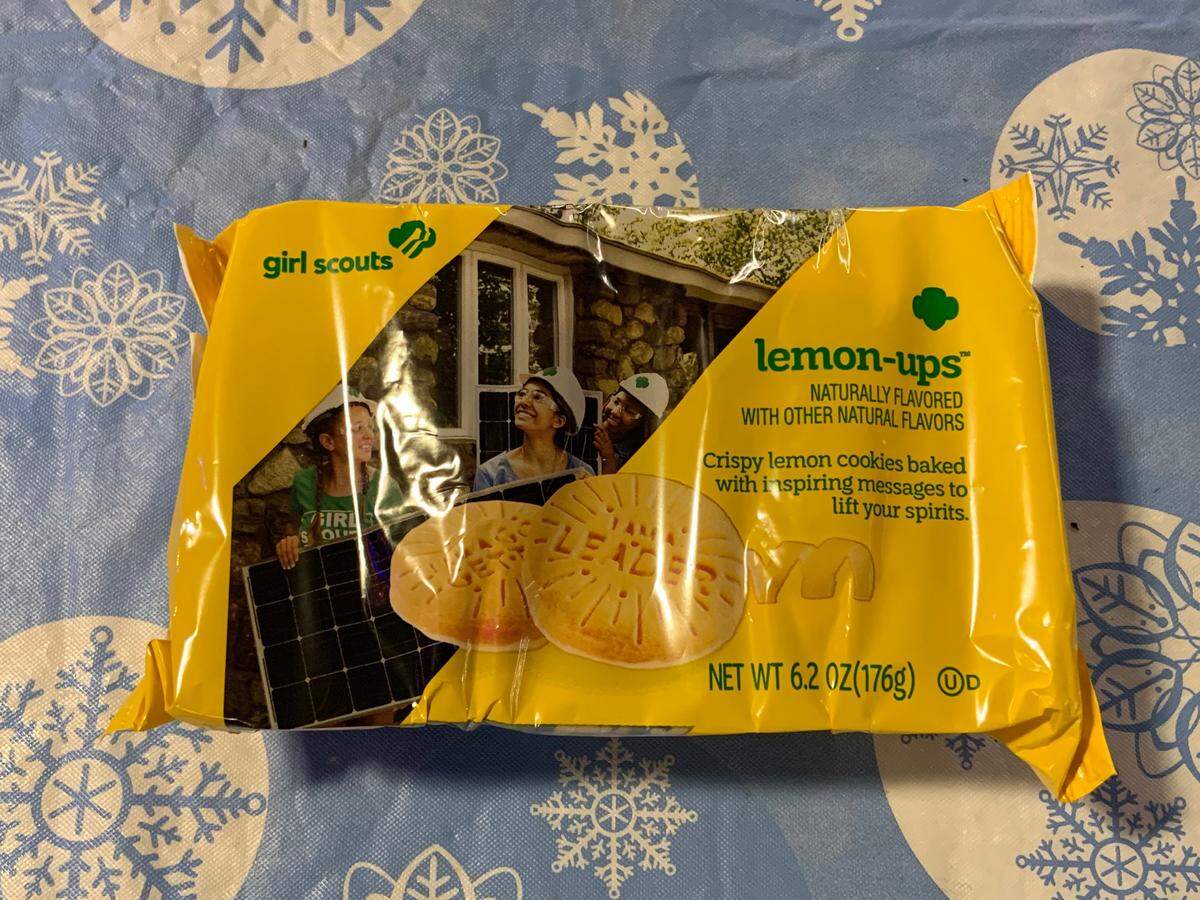 Packaging for the new Girl Scout Cookie flavor, Lemon-Ups, in 2020. The flavor returns with old favorites in 2021.