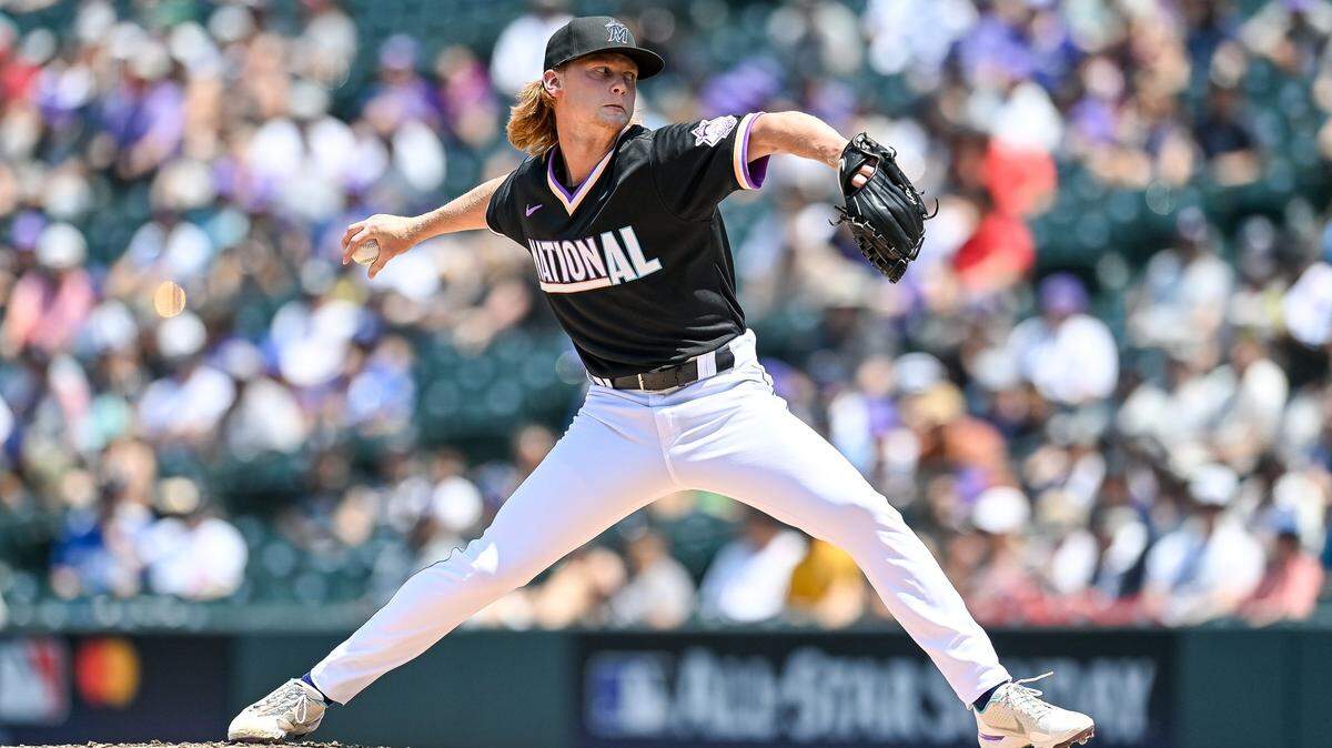 Max Meyer #12 of National League Futures Team pitches against the National League Futures Team at Coors Field on July 11, 2021 in Denver, Colorado.