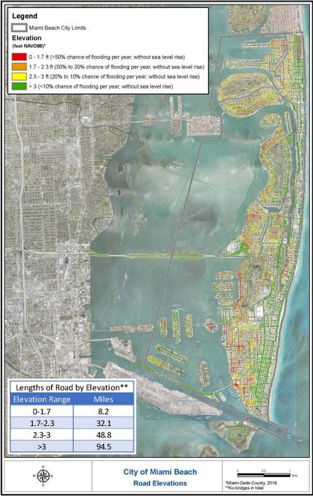 This map shows which streets in Miami Beach are at risk from flooding now, without any additional sea level rise. The city could see around two feet of sea rise by 2060, so it’s raising roads to prepare.