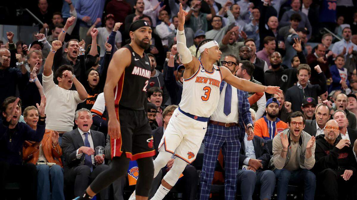 New York Knicks guard Josh Hart (3) celebrates his three point shot against Miami Heat guard Gabe Vincent (2) during the fourth quarter of game two of the 2023 NBA Eastern Conference semifinal playoffs at Madison Square Garden.