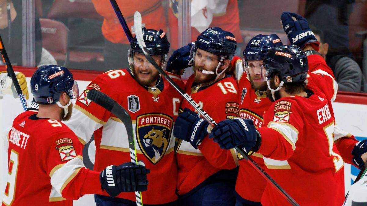 Florida Panthers left wing Matthew Tkachuk (19) celebrates with teammates after scoring a goal to tie during the third period of Game 3 of the NHL Stanley Cup Final against the Vegas Golden Knight at the FLA Live Arena on Thursday, June 8, 2023, in Sunrise, Florida.