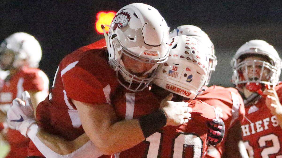 Cardinal Gibbons Chiefs’ wide receiver Troy Stellato (10) celebrates after scoring a touchdown against Clewiston Tigers during the FHSAA 4A football regional quarterfinal game on Friday, November 13, 2020 at Cardinal Gibbons High School