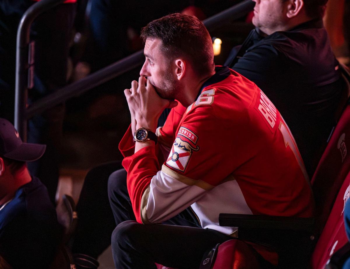 A Florida Panthers fan sits during the second period as he watches his team lose against the Edmonton Oilers in Game 4 of the NHL Stanley Cup Final.