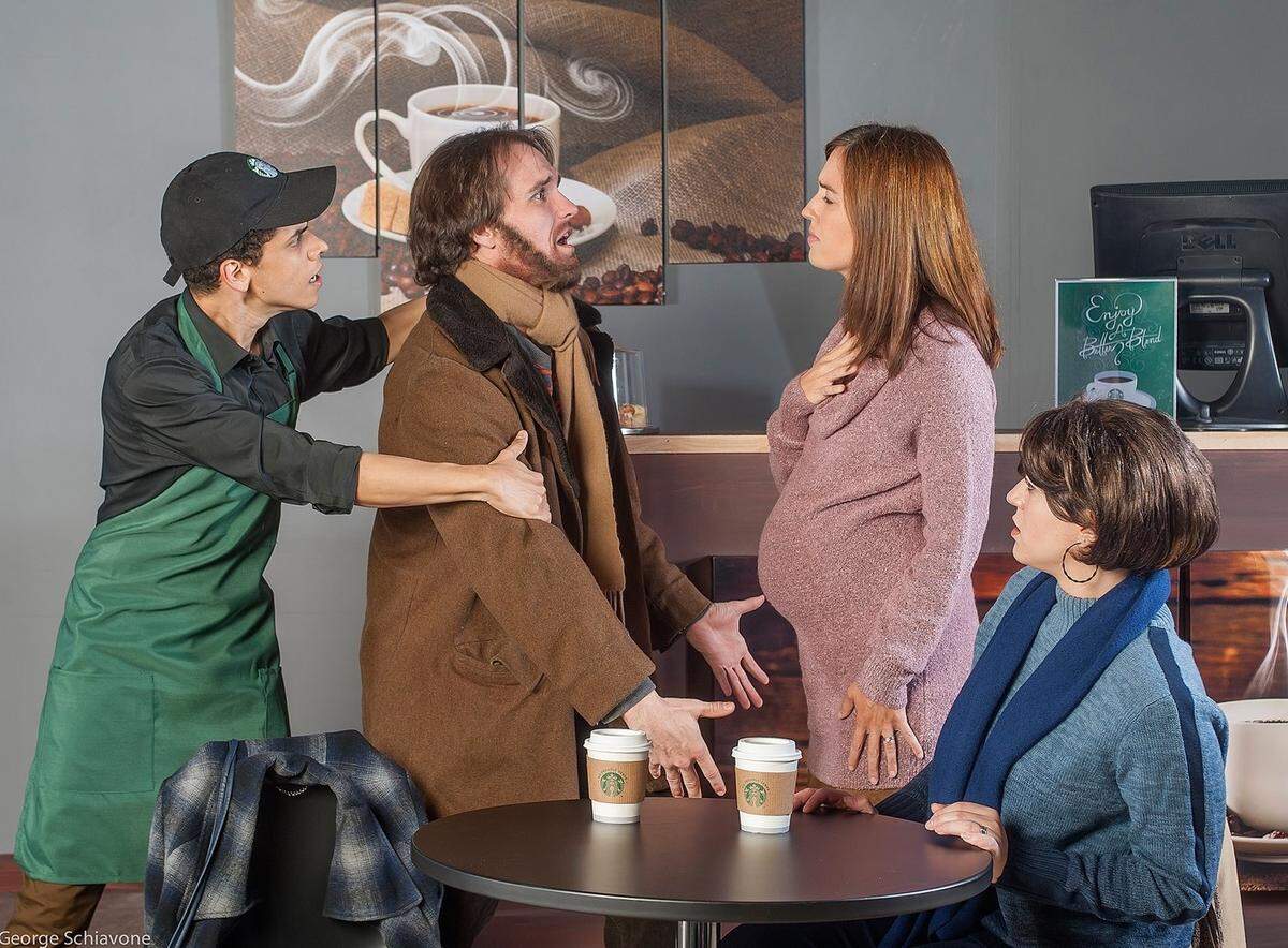 Phillip Andrew Santiago restrains Clay Cartland as he confronts Katherine C. McDonald, with Sheri Wieseman looking on in GableStage’s “Gloria.”