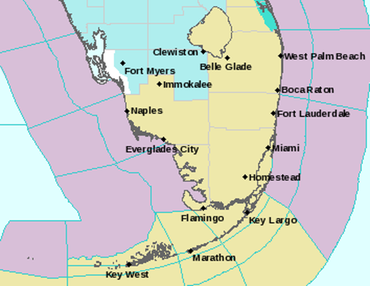 National Weather Service forecast map on Jan. 20, 2024, shows some hazards facing Florida over the weekend. The light purple areas represent a small craft advisory. The powder blue areas note a wind chill advisory. The mustard color indicates hazardous weather.