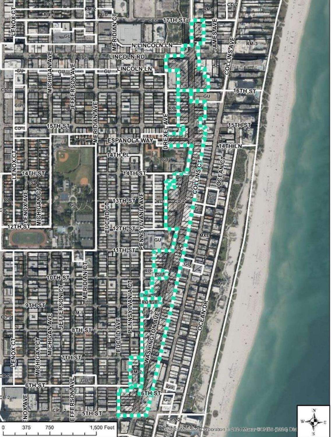 This aerial map shows the parcels along Washington Avenue in Miami Beach that would be affected by a proposal to allow more density and height to spur the construction of “missing middle” housing along the South Beach corridor.