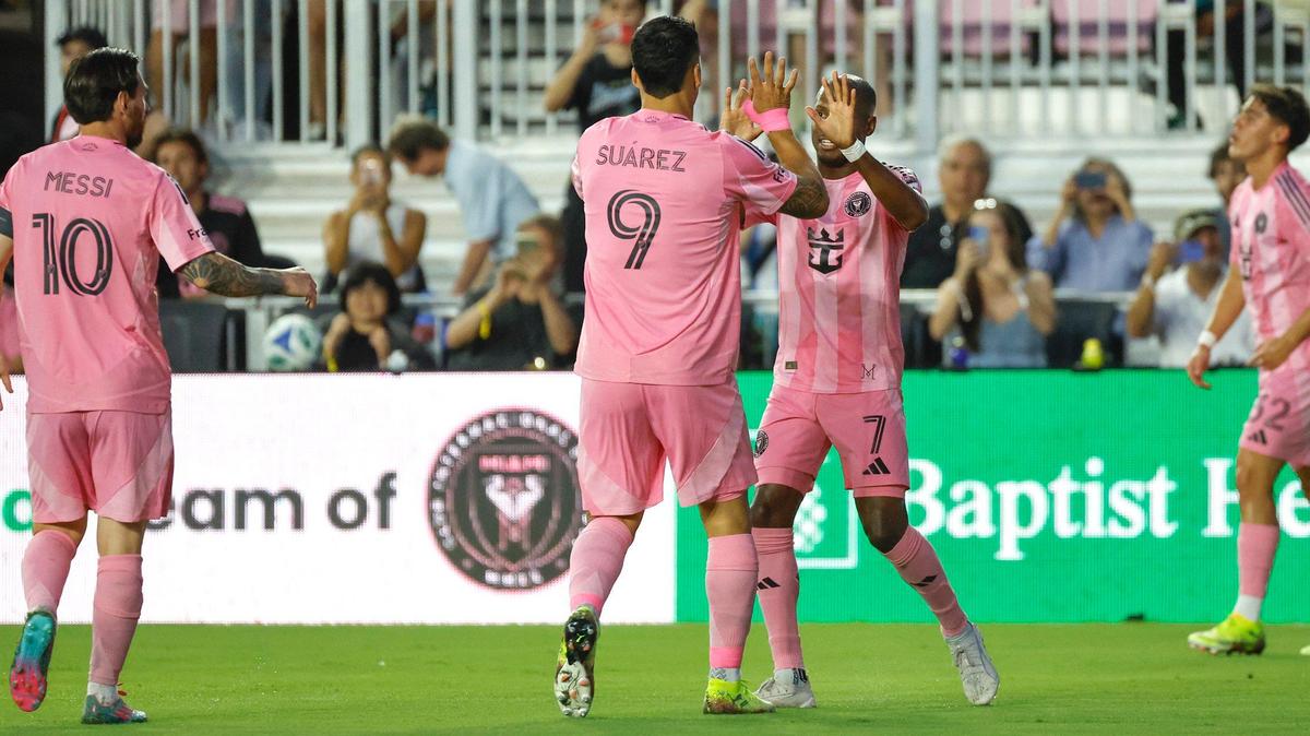 Inter Miami midfielder Fafà Picault (7) celebrates with teammate, forward Luis Suárez (9), after scoring against New York Red Bulls at Chase Stadium in Fort Lauderdale, Florida on Saturday, May 3, 2025.