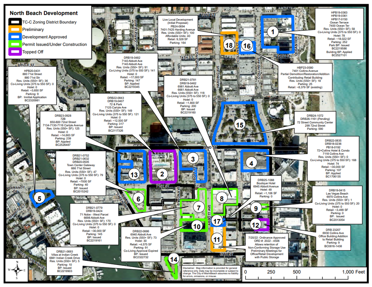 A map shows the status of development projects in North Beach.